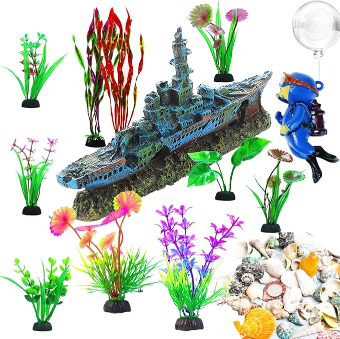 Aquarium Decor Set, Fish Tank Accessories Large Size Resin Sunken Warship Ornament Betta Fish Hideout Cave with 10 Artificial Aquatic Plants, 30-40 Seashells, 1 Floating Diver for Tank Shipwreck Decor