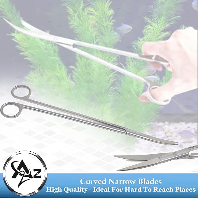 A2Z-Aquascaping Maintenance Tools Accessories,Anti-Rust Stainless Steel Tweezers Scissors Spatula for Aquarium Tank Clean, Fish Tank, Bonsai, Algae Scrapers (12" Scissors - Curved - Silver)