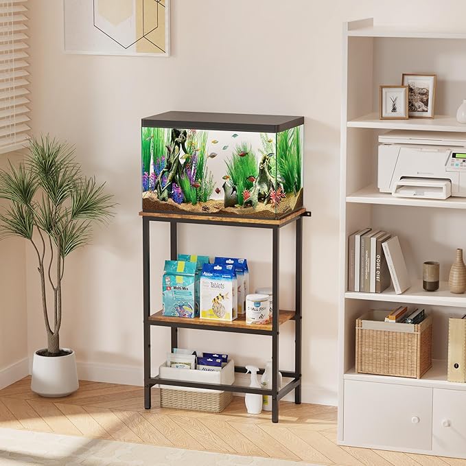 5-10 Gallon Fish Tank Stand, Aquarium Stand with 2-Tier Storage Shelves, Heavy-Duty Reptile Terrarium Stand Table with One-Piece Top for 10 Gallon Standard Model, 21.2" L x 11.8" W x 29.3" H (Brown)