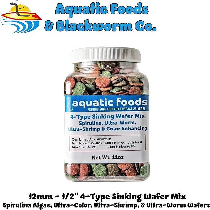 4-Type 12mm - 1/2" Sinking Wafer Mix of Spirulina-Algae, Ultra-Worm, Ultra-Shrimp, Color Enhancing Wafers for Shrimp, Snails, Crabs, Crayfish, All Tropical Fish..11oz Small Jar