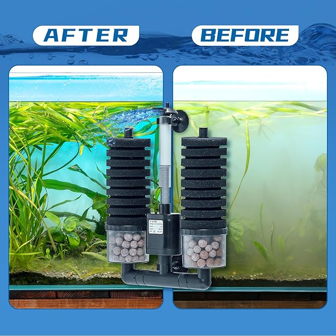 Aquarium Sponge Filter 15-55 Gallon Fish Tank Filter, Electric Power Double Sponge Filter, Quiet Small Low Flow Foam Filter For Fish Tank Betta Shrimp, Intake Dual Sponge Filter Kit w/ Bio Balls &Pump