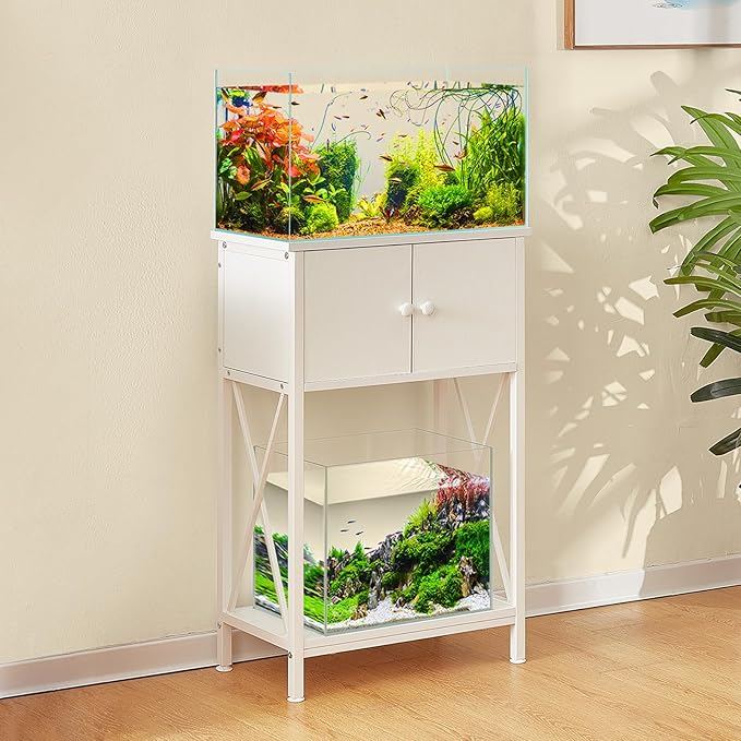 LAQUAL 10 Gallon Fish Tank Stand with Cabinet, Double Aquarium Stand for 10 & 5 Gallon Fish Tank, Heavy Metal Stand with Stable Structure, Adjustable Table Feet & Anti-tilt Device - White