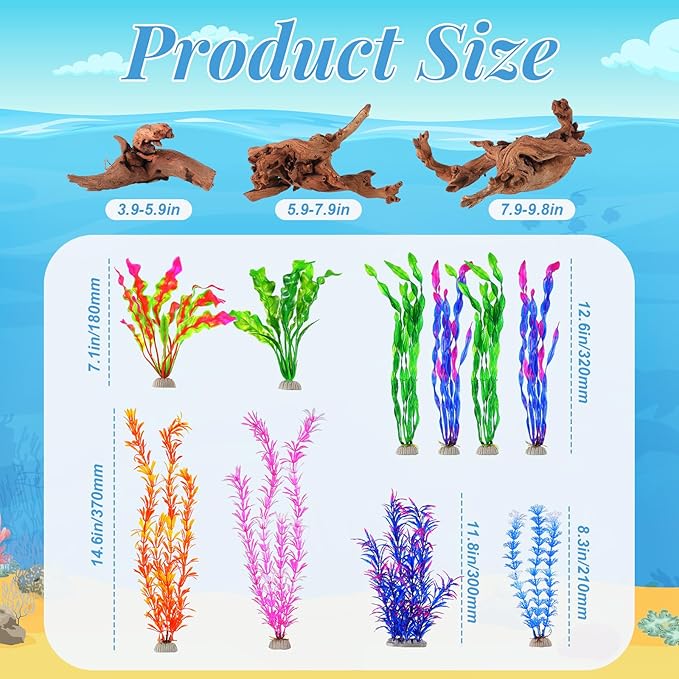 Jexine 18 Pcs Fish Tank Decorations Aquarium Decor Reptile Tank Accessories Set Include 10 Artificial Plastic Plants 3 Natural Driftwood 3 Rock Cave Decoration 2 Aquarium Skull