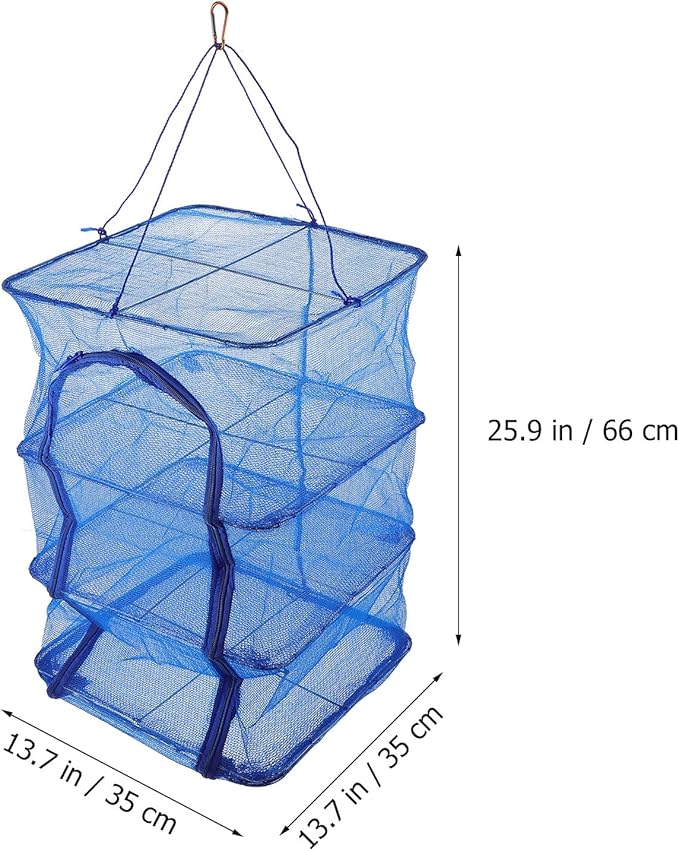BESPORTBLE Mesh Food Drying Rack Folding Fish Drying Net 4-Layer Hanging Dryer Collapsible Dry Net with Zippers for Shrimp Fish Fruit Vegetables (66X35X35Cm)
