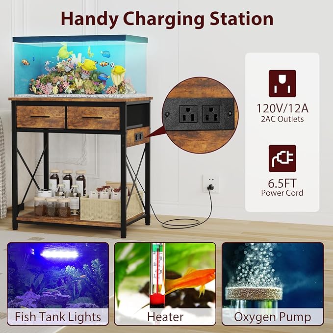 20-29-37Gallon Fish Tank Stand with Power Outlet, Heavy Duty Metal Aquarium Stand with Two Storage Drawers for Fish Tank Accessories Storage, Perfect for Turtle Tank, Reptile Terrarium, Brown