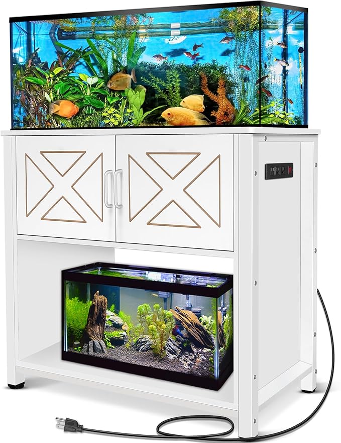 BEURUKU 40 Gallon Tank Stand with Cabinet and Power Outlets, Heavy Duty Metal Aquarium Stand for 40-50 Gallon Breeder Tank, Turtle Tank, Double Terrarium Stand, 660LBS Capacity, White