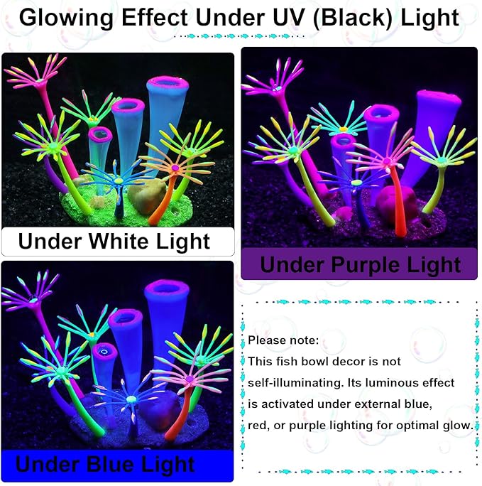 Glow in Dark Fish Tank Decorations for Aquarium, Artificial Soft Anemone Coral Plants Ornaments for Aquarium Decor Landscape, Silicone Fish Tank Accessories Decorations (Purple)