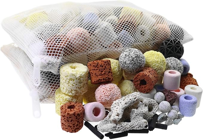 Aquarium Filter Media 15-in-1 Mineral Balls & Ceramic Rings - 500g with Zippered Mesh Bag for Fish Tank/Pond Filters