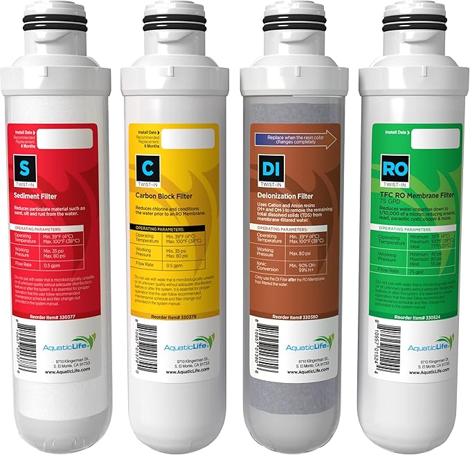 Aquatic Life Twist-In Reverse Osmosis Aquarium Water Filter Replacement Cartridge Pack, Includes 75 GPD Membrane, Sediment, Carbon Block and Deionization DI Filters for 3 and 4-Stage RO/DI System