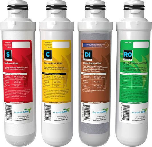 Aquatic Life Twist-In Reverse Osmosis Aquarium Water Filter Replacement Cartridge Pack, Includes 75 GPD Membrane, Sediment, Carbon Block and Deionization DI Filters for 3 and 4-Stage RO/DI System