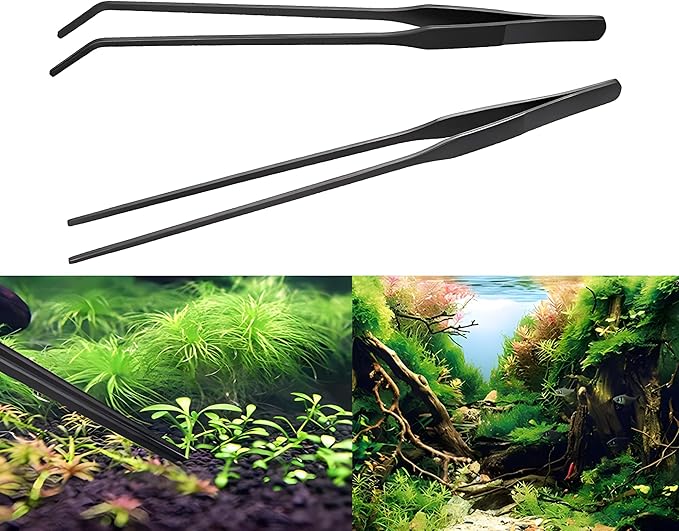 2-Pack Aquarium Tweezers, Stainless Steel Straight and Curved Tweezers Set, Long Handle Reptile Feeding Tongs for Aquatic Plants Lizards Spider Snakes Garden Repairing - 10-3/5inch, Black