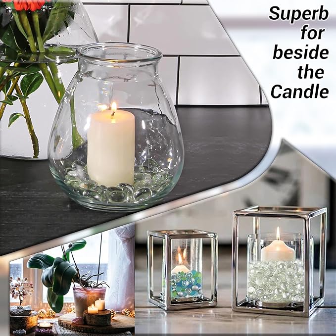 ARSUK Clear Flat Glass Pebbles, (5 LBS) Marbles for Vases, Glass Marbles, 400 Pcs Vase Fillers, Table Scatter for Weddings, Aquarium Stones, Candle Holders, Crafts, Glass Beads for Vases, (0.7-0.8")