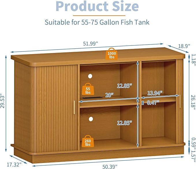 Fish Tank Stand, 75 Gallon Tank Stand with Sliding Cabinet Door, Heavy Duty Aquarium Stand with Power Outlet for Turtle Tank, Reptile Terrarium, 1000LBS Capacity (Yellow Walnut)