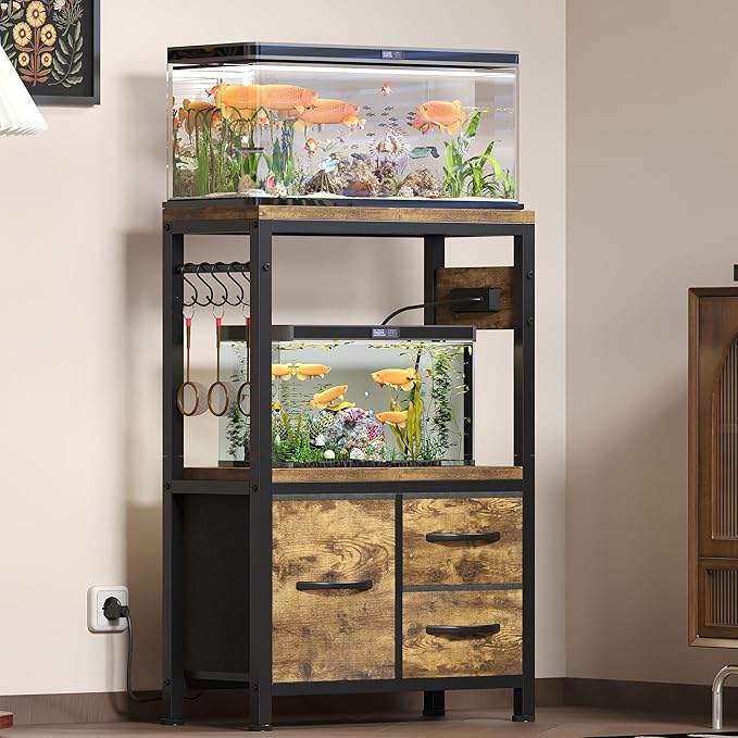 Heybly 5-10 Gallon Fish Tank Stand, Aquarium Stand with Drawer, Power Outlet, Heavy Duty Metal Frame, for Fish Tank, Turtle & Reptile Terrarium, 20.5" × 10.2" Top, 200lbs, Rustic Brown HAS002SSR