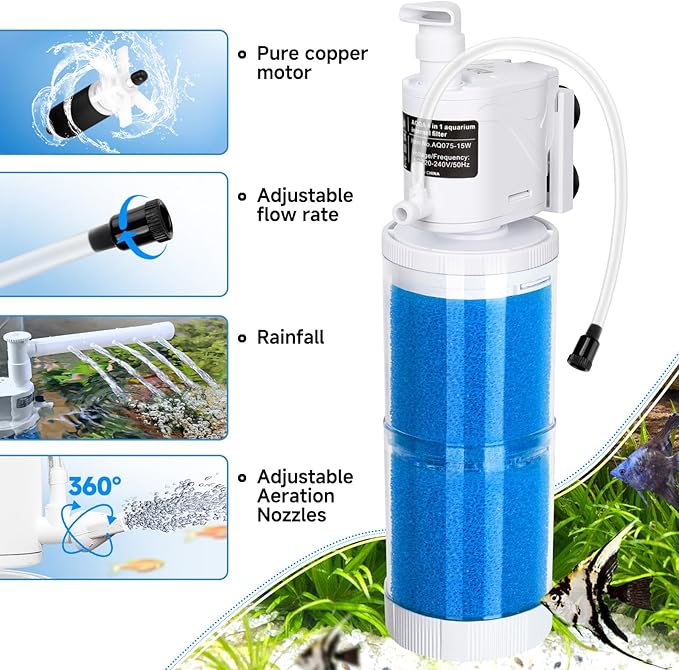 AQQA Submersible Aquarium Filter Whisper Fish Tank Filters Adjustable Internal Power Filter for 50-100 Gallon Water Filtration/Circulation/Oxygenation (15W，260GPH)