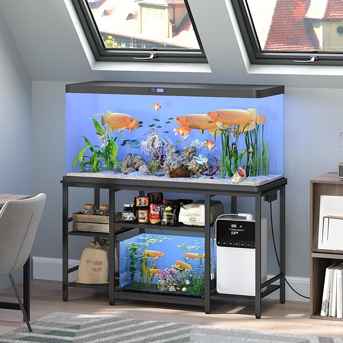 MAHANCRIS 55-75 Gallon Fish Tank Stand with Power Outlet, 3-Tier Metal Frame Aquarium Stand, Heavy Duty Reptile Terrarium Tank Stand, 52.0" L x 19.7" W x 29.9" H, 800 LBS Capacity, Black FTBK55E01