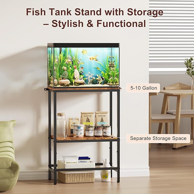 5-10 Gallon Fish Tank Stand, Aquarium Stand with 2-Tier Storage Shelves, Heavy-Duty Reptile Terrarium Stand Table with One-Piece Top for 10 Gallon Standard Model, 21.2" L x 11.8" W x 29.3" H (Brown)