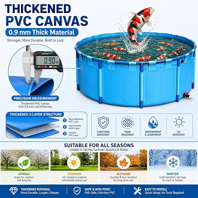 70.8 * 39.4 in Above Ground Pond(660 Gal) 0.9MM Thickened Round PVC Koi Fish Pond,Portable and Foldable Fishponds Suitable for Aquaculture and Agricultural Water Storage with Anti-Jump Net