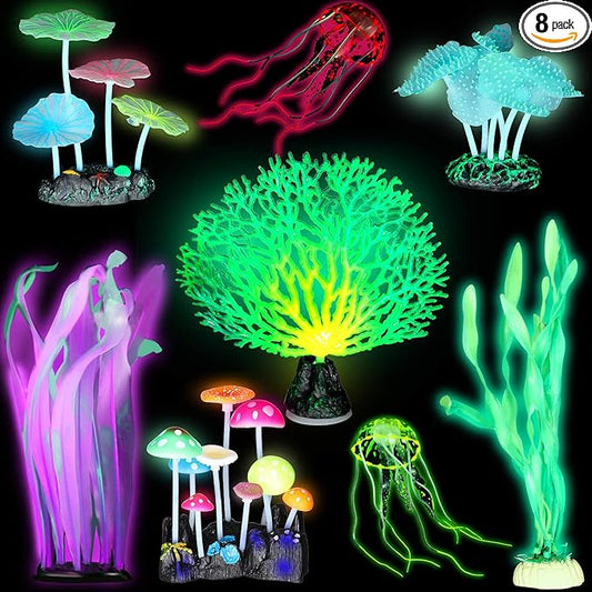 Frienda 8 Pieces Glowing Effect Fish Tank Decorations Artificial Plants with 2 Style Glowing Kelp, Sea Anemone, Simulation Coral, Jellyfish, Lotus Leaf, Mushroom for Aquarium Ornament(Yellow, Pink)