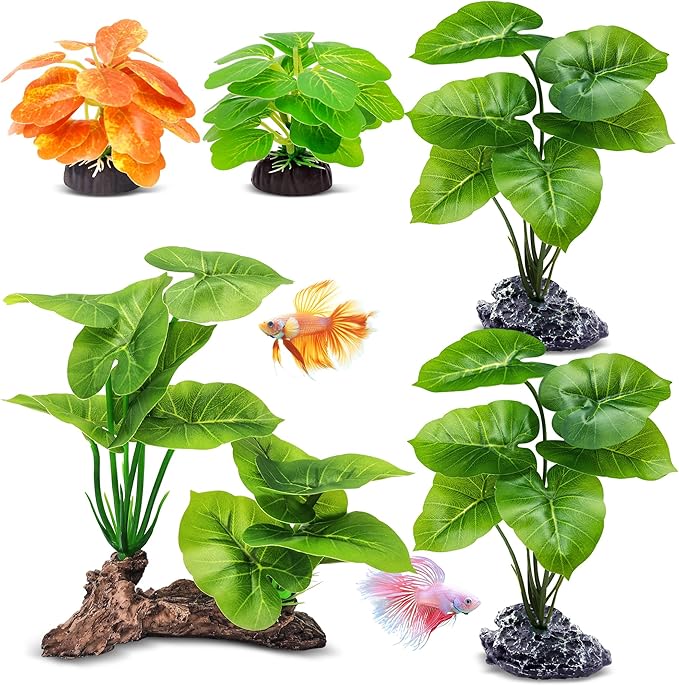 GOZILLA Fish Tank Plants, Reptile Artificial Plastic Plants, Reptile Plants for Terrarium, Aquarium Decorations Resin Pedestal Ornaments for Fish Tank Accessories Set.(5PCS/A-Set)