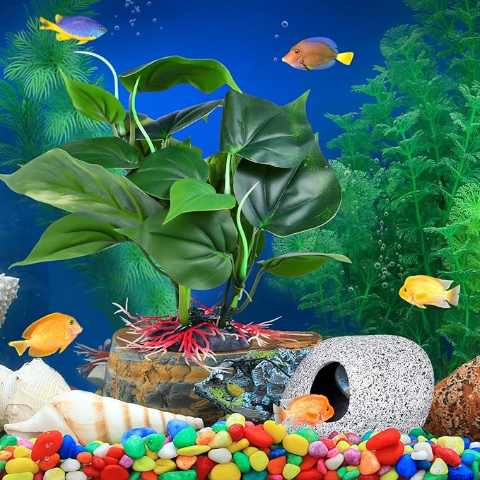 Cichlid Caves for Aquarium - Hideaway Rock Cave with Fish Tank Plants for Betta Shrimp Cichlid Hiding Breeding, Underwater Plastic Plant Aquatic Decor