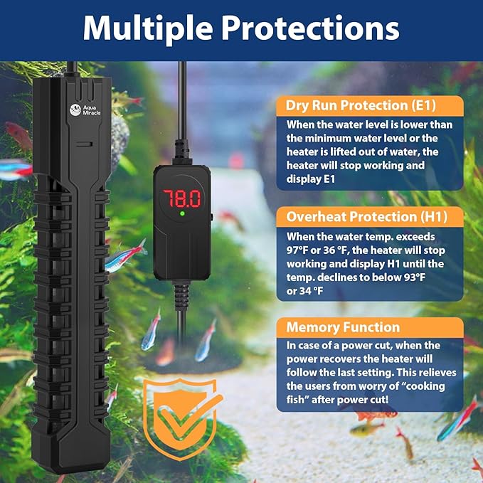 AquaMiracle Submersible Aquarium Heater with LED Digital Temp Display, Fish Tank Heater with Dry-Run & Over-Temp Protection, for Freshwater Saltwater Aquariums(500W/75-120Gal)