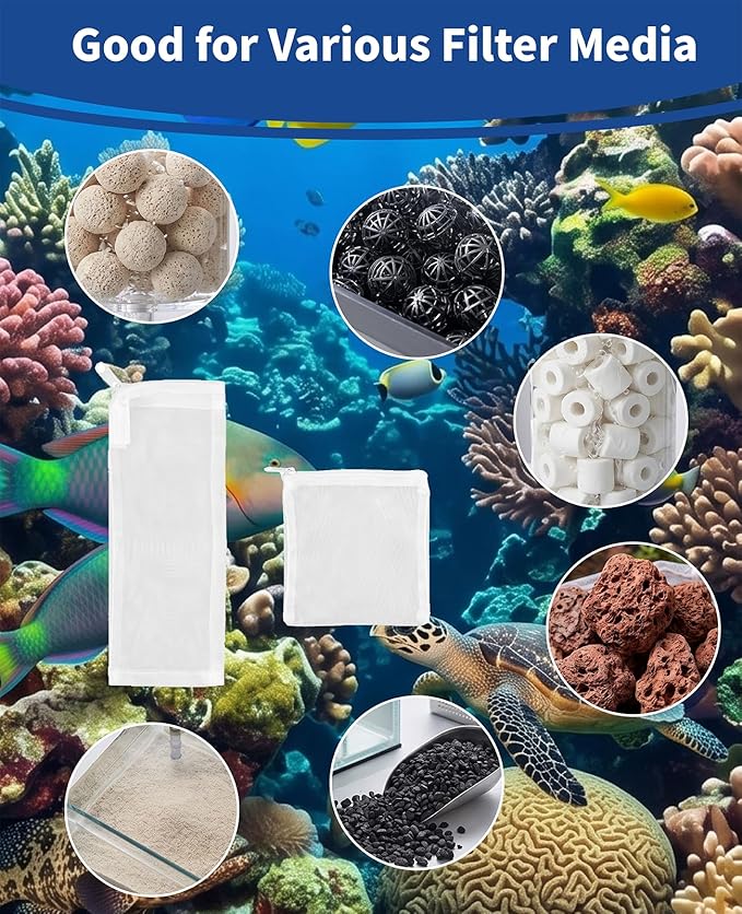12PCS Aquarium Filter Media Bags, 6PCS 4” x 4” & 6PCS 3” x 8” Extra Fine 100 Micron Mesh with Plastic Zipper for Fish Tank Filter Media, Activated Carbon