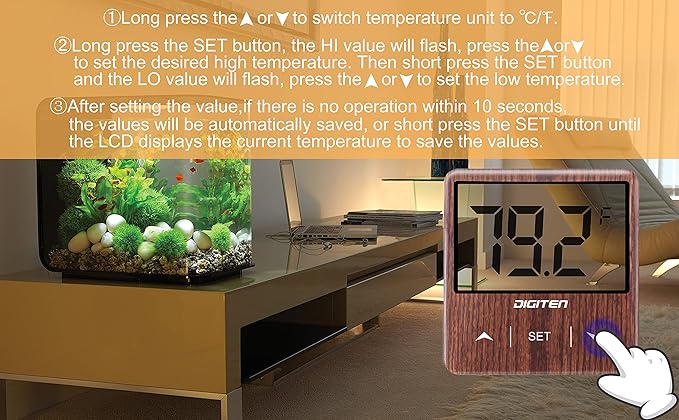 Digital Aquarium Thermometer, Fish Tank Thermometer with Large LCD Display, No Wires, Accurate Reading, Walnut Aquarium Thermometer