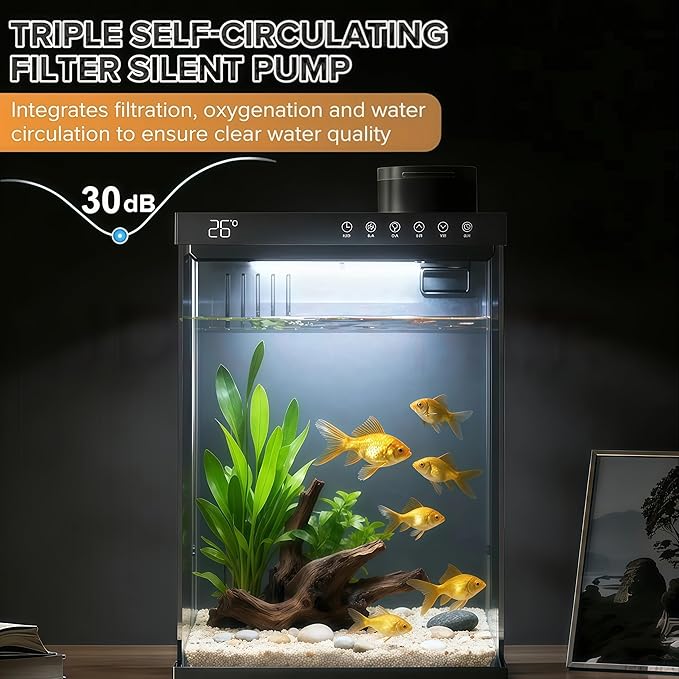 Fish Tank 4-Gallon Aquarium Set, Equipped with an Automatic Feeder, 8 Color Lighting Modes, an Automatic Three-in-one Silent Oxygen Pump, and a Temperature Display.