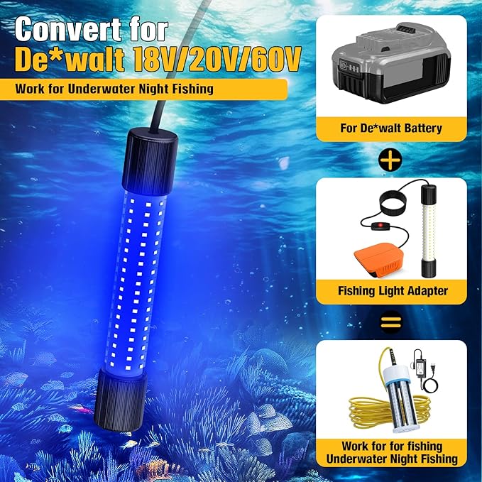 Underwater Fishing Blue Light Compatible with DeWalt 20V Battery,1300 Lumens,LED Light for IP68 Waterproof Submersible Fish Attractor Light for Night/Ice/Boat Fishing(no Battery)