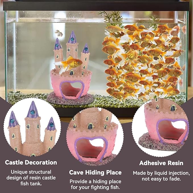 HERCHR Castle Aquarium Decoration, Fish Tanks Ornament Resin Castle Cave Hideouts House Plants Supplies Accessories Safe for Freshwater and Saltwater Fish Tanks(Pink)