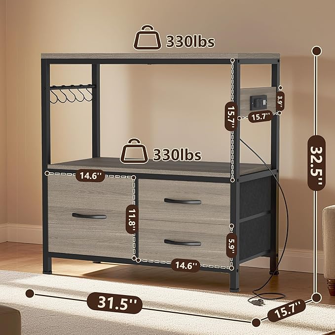 Heybly 20-29 Gallon Fish Tank Stand, Aquarium Stand with Drawer, Power Outlet, Heavy Duty Metal Frame, for Fish Tank, Turtle & Reptile Terrarium, 31.5" x 15.7" Top, 330lbs, Rustic Gray HAS001SG