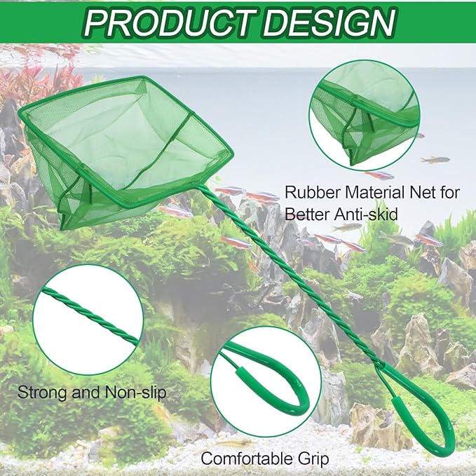 4 Pack Aquarium Fish Net 4 Sizes Quick Catch Mesh Nylon Fishing Catch Nets Square Fish Nets with Handle (3in, 4in, 5in, 6in)