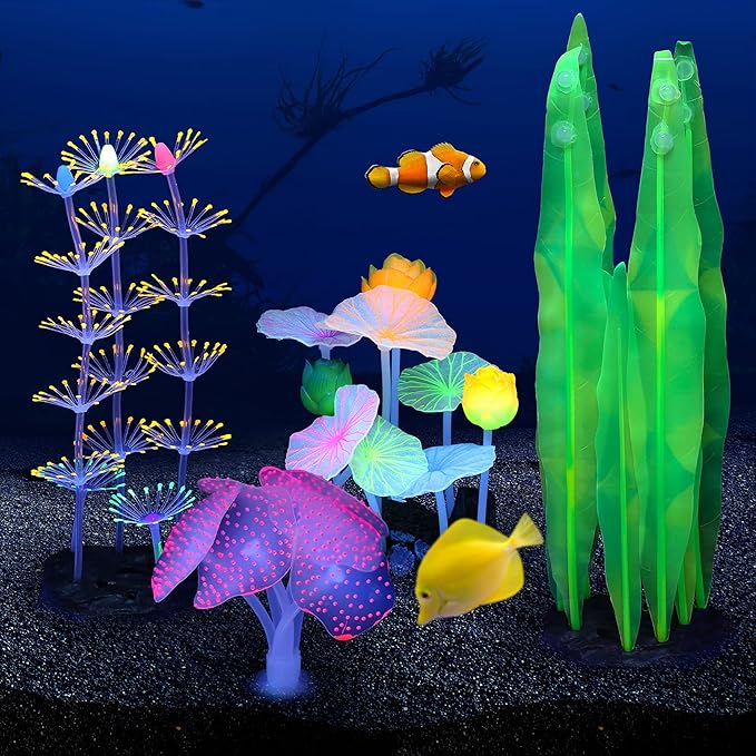 Glowing Fish Tank Decorations Plants, 4 pcs Glow Aquarium Decoration Plants Kit Glowing Coral Plant Ornaments Lotus Kelp and Anemone