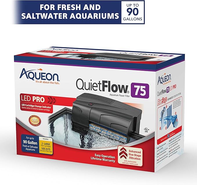 Aqueon QuietFlow 75 LED PRO Aquarium Fish Tank Power Filter For Up To 90 Gallon Aquariums