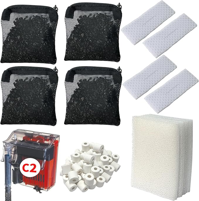 2 Aquarium Filter Media Kits Compatible with Fluval C2 (30 Gal) Aquarium Power Filter, Includes 4 Pack Foam Pads, 4 Pack Tarpaulins, 4 Pack Activated Carbons and 1 Pack Ceramic Ring
