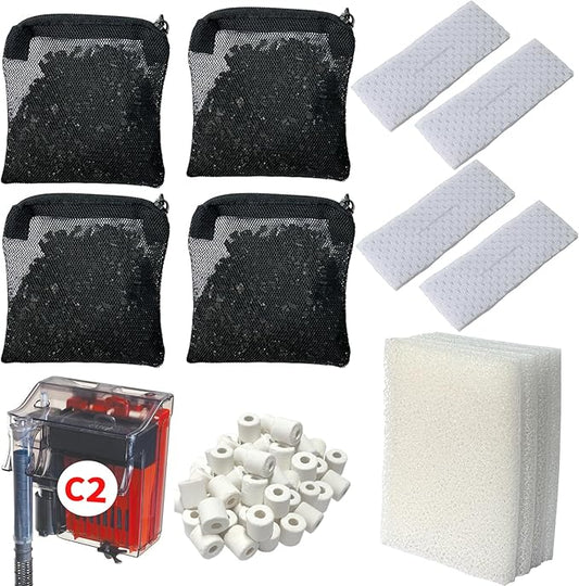 2 Aquarium Filter Media Kits Compatible with Fluval C2 (30 Gal) Aquarium Power Filter, Includes 4 Pack Foam Pads, 4 Pack Tarpaulins, 4 Pack Activated Carbons and 1 Pack Ceramic Ring