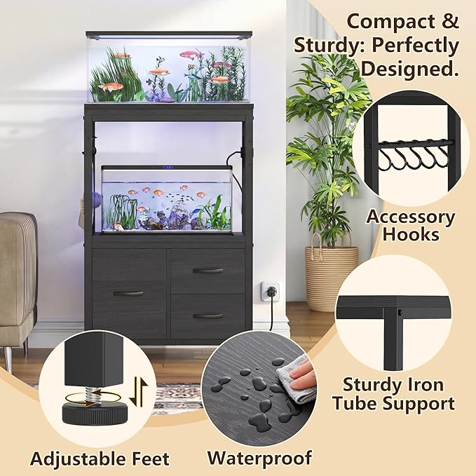 Heybly 5-10 Gallon Fish Tank Stand, Aquarium Stand with Drawer, Power Outlet, Heavy Duty Metal Frame, for Fish Tank, Turtle & Reptile Terrarium, 20.5" × 10.2" Top, 200lbs, Black HAS002SBK