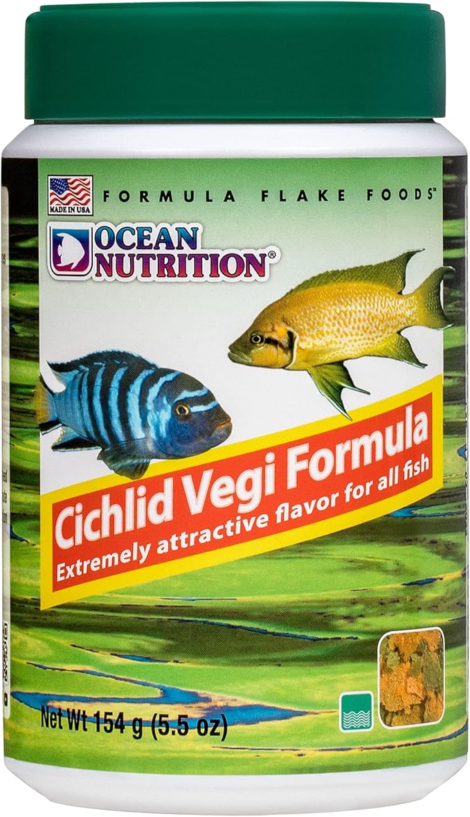 Ocean Nutrition Cichlid Vegi Formula Flake Fish Food - Natural Ingredient Fish Food Flakes for All Fish - Supports Health & Coloration, Does Not Cloud Water, Made in USA, 5.5 oz (154 g)