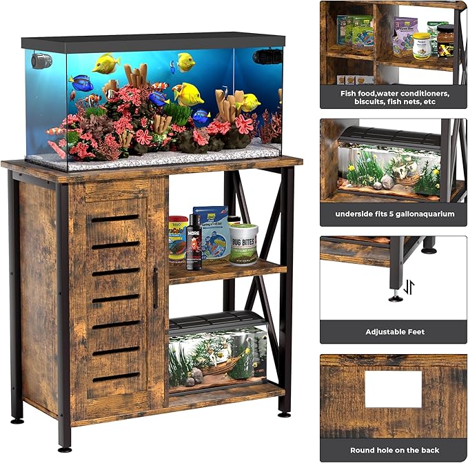 Herture 20-29 Gallon Fish Tank Stand, Aquarium Stand with Cabinet Accessories Storage, Heavy Duty Metal Frame, 31.49" L*15.74" W Tabletop, 330LBS Capacity, Rustic Brown PG07YGN