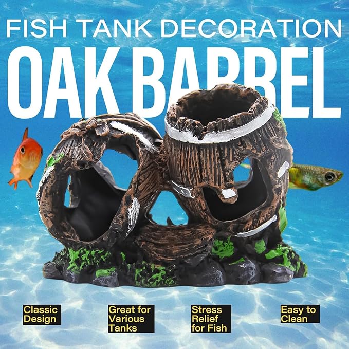 Colorful Resin Fish Tank Ornament with Multiple Hiding Spots, Safe Shelter for Small and Medium Aquariums, Stress-Relief Underwater Decor, Easy to Clean (2 Oak Barrels)