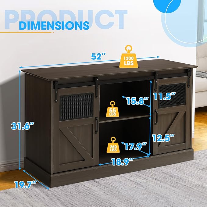 55-75 Gallon Fish Tank Stand with Sliding Barn Doors & Power Outlet, Heavy Duty Aquarium Stand with Cabinet Storage for 2 Fish Tank/Turtle Tank/Reptile Terrarium Accessories, 1300LBS (Grey)