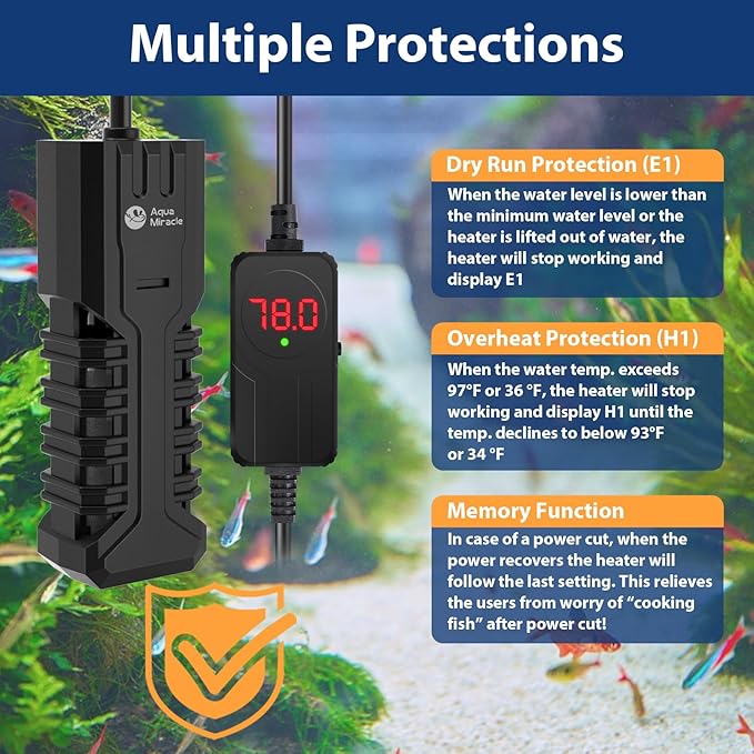 AquaMiracle Submersible Aquarium Heater with LED Digital Temp Display, Fish Tank Heater with Dry-Run & Over-Temp Protection, for Freshwater Saltwater Aquariums(50W/5-10Gal)