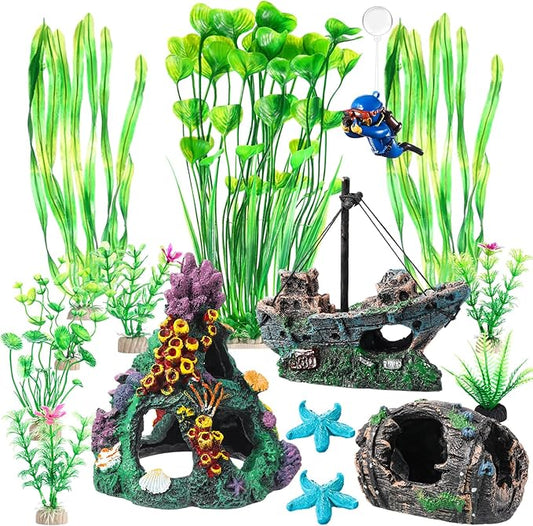 Zeyune 15 Pcs Fish Tank Decorations Mountain Ornament Broken Barrel Sunken Ship Artificial Seaweed Water Plants Colorful Coral Reef for Fish Bowl Aquarium Decor (Green)