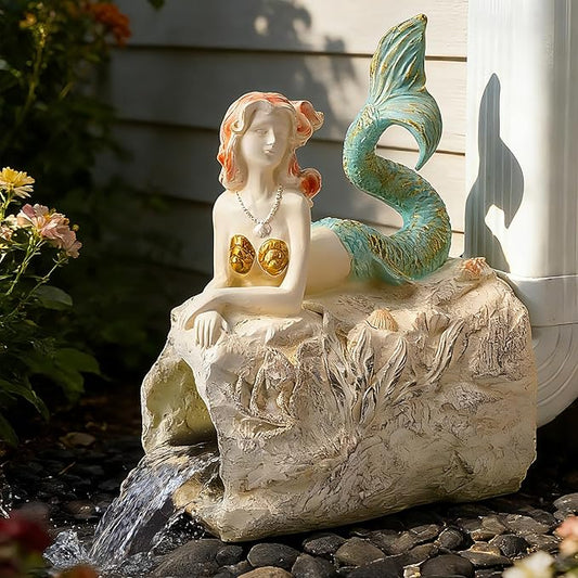 Teaeeno Mermaid Statue Faux Log Fish Cave, Predator Control and Decorative Shelter for Koi and Fish, Ponds, Aquariums, and Terrariums, Mermaid Statue Decor