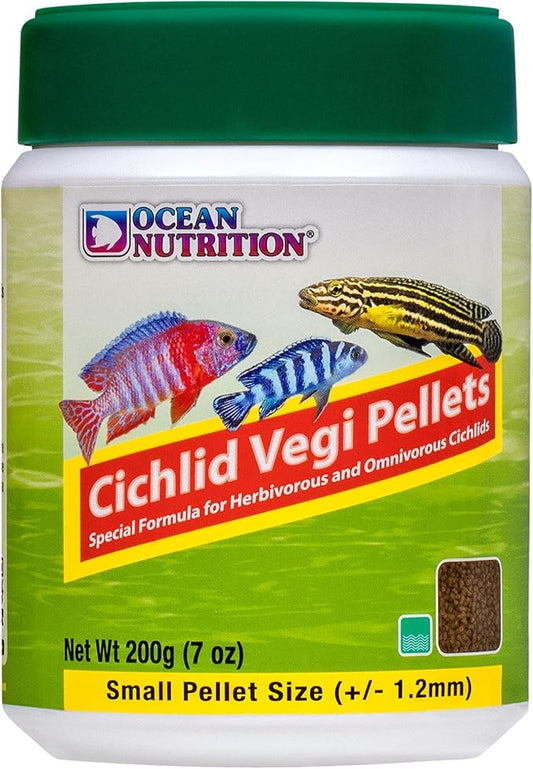Ocean Nutrition Fish Food Cichlid Pellets, High Protein (40%) Soft Moist Sinking Pellets for Omnivorous Predatory Fish - Enhances Color & Growth, 7 oz (200g), Small Pellet