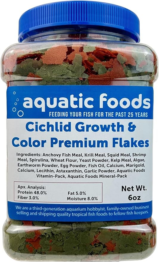 Cichlid Growth & Color Enhancing Flakes for Cichlids, Discus, All Tropicals. Aquatic Foods Premiun Flakes…6oz Med Jar