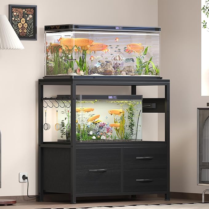 Heybly 20-29 Gallon Fish Tank Stand, Aquarium Stand with Drawer, Power Outlet, Heavy Duty Metal Frame, for Fish Tank, Turtle & Reptile Terrarium, 31.5" x 15.7" Top, 330lbs, Black HAS001BK