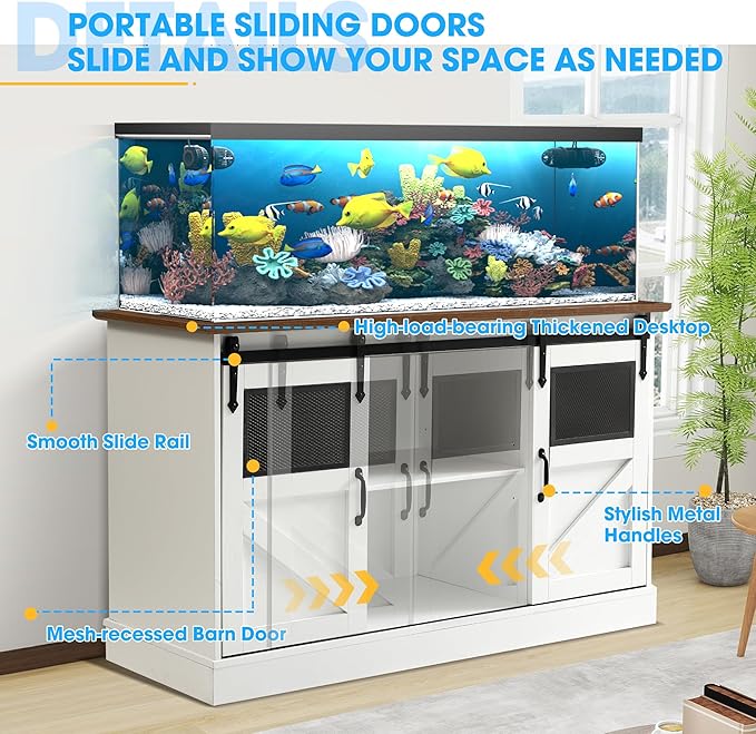 55-75 Gallon Fish Tank Stand with Sliding Barn Doors & Power Outlet, Heavy Duty Aquarium Stand with Cabinet Storage for 2 Fish Tank/Turtle Tank/Reptile Terrarium Accessories, 1300LBS (White)