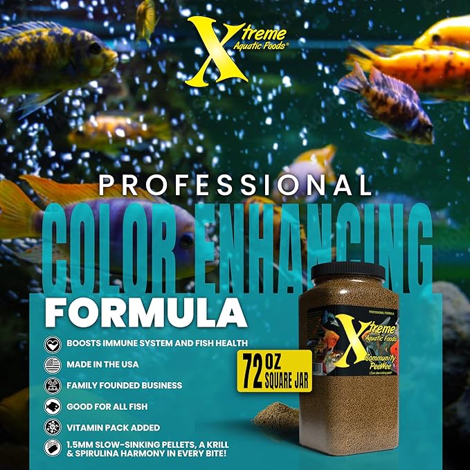 Xtreme Community Peewee 1.5mm Pellets: Slow Sinking & Ideal for Community Fish - Boosts Immune & Digestive Health, Enhances Color & Energy, Max Protein Fish Food – USA Farm Grown (72oz)